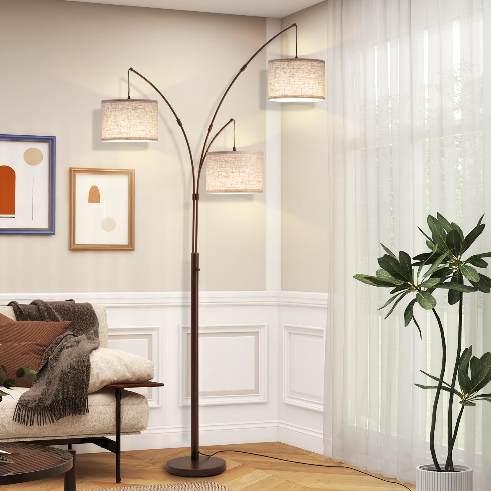 Fansdrick arc floor lamp side angle demonstrates flexible positioning for reading corners at home.