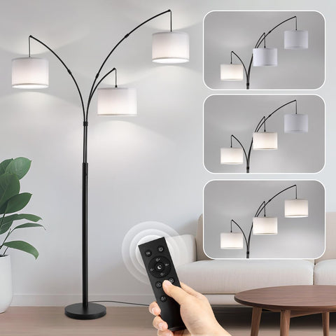 Fansdrick arc lamp with remote control for easy on/off and dimming in living spaces.
