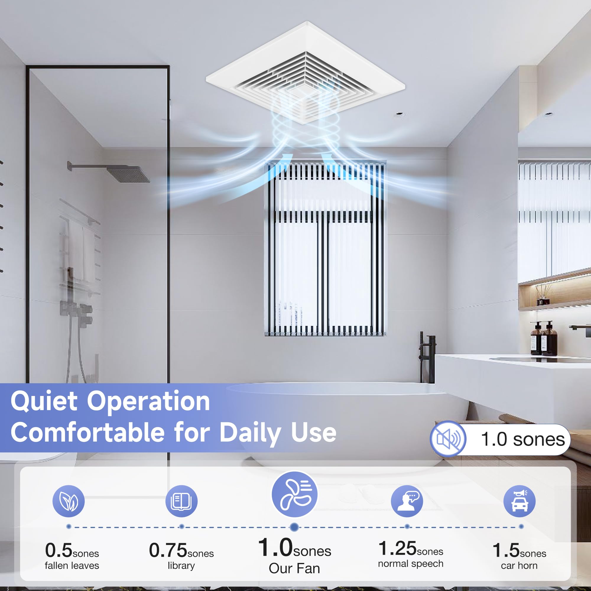 Fanspex 110 CFM air volume suits medium-sized rooms like bathrooms and kitchens.