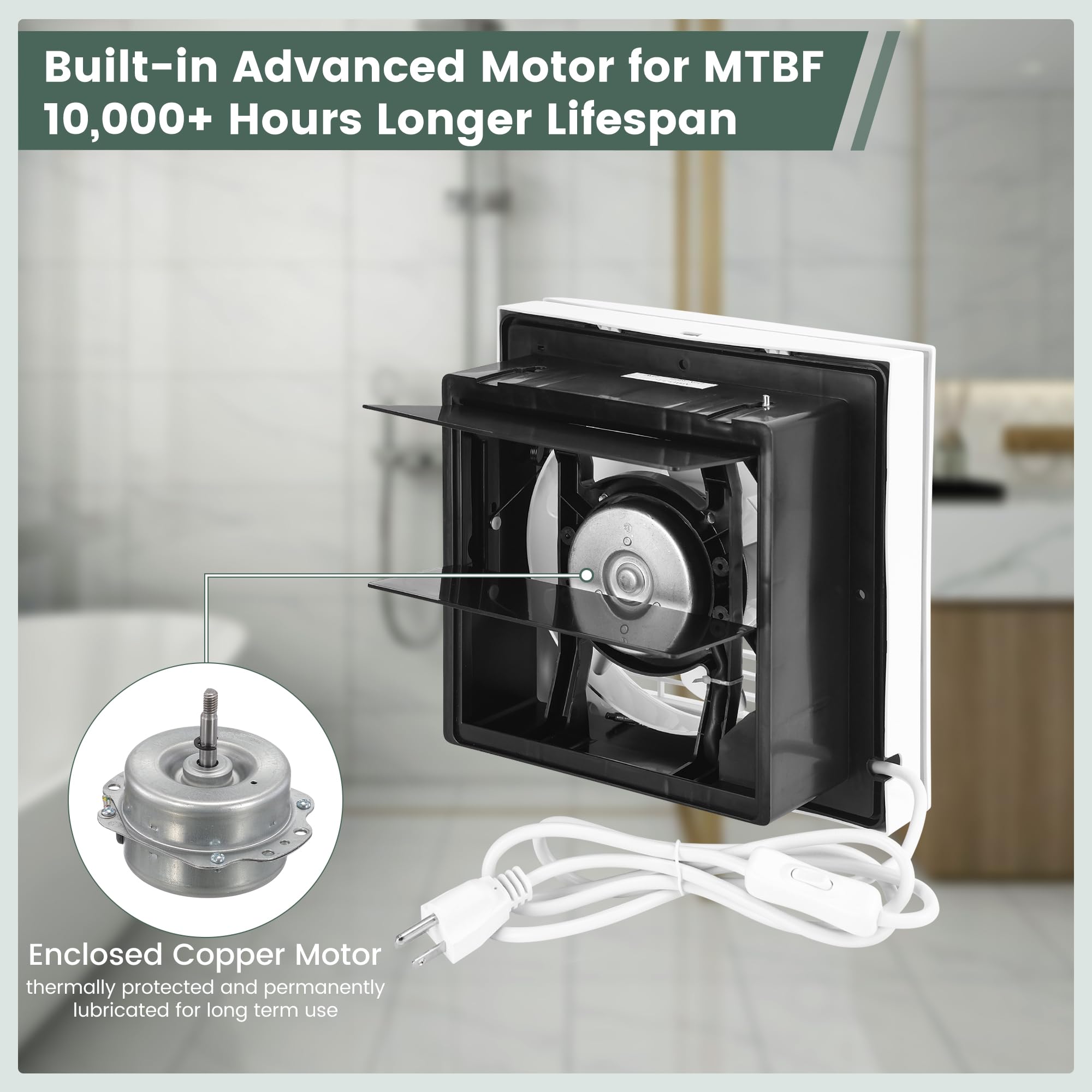 Fanspex 6-inch shutter exhaust fan cord plug simplifies quick installation.