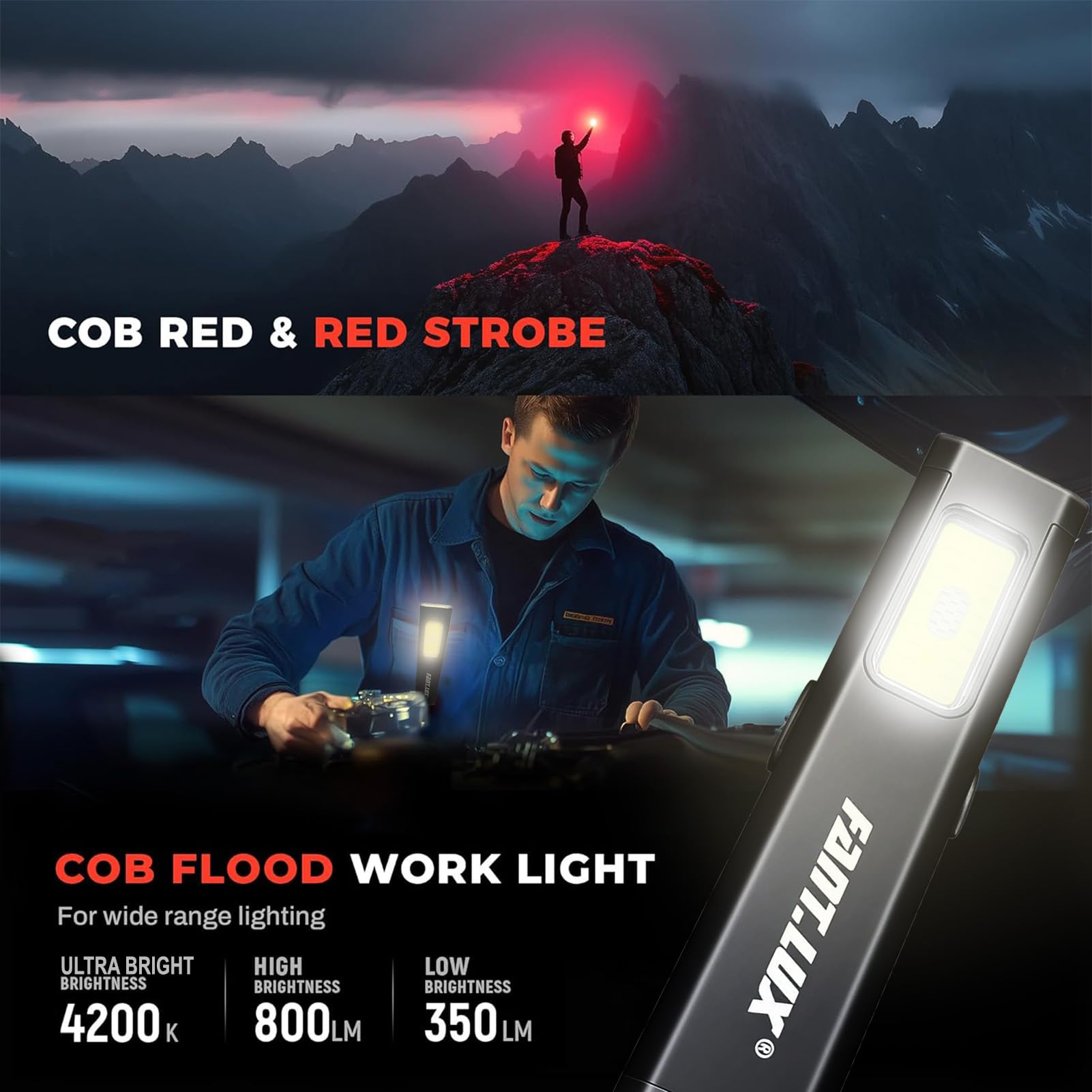 FANT.LUX Pocket Flashlight dual-illumination with main beam and COB side light for versatility.