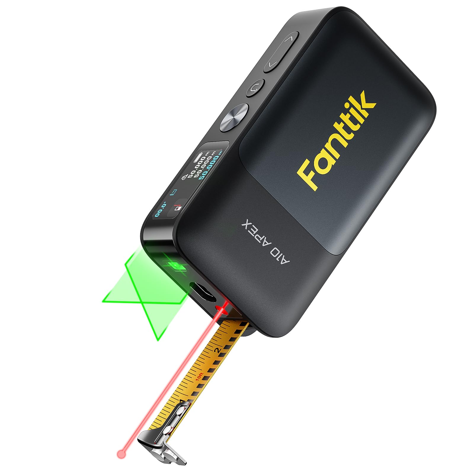 Fanttik A10 Apex display shows digital tape and laser readouts for measurements