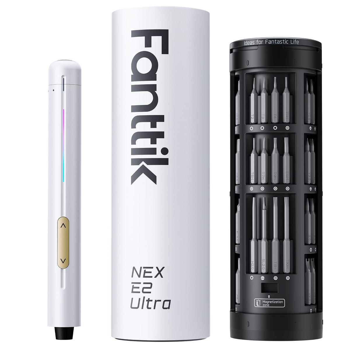Fanttik E2 Ultra case opens to reveal magnetic bits for quick access.