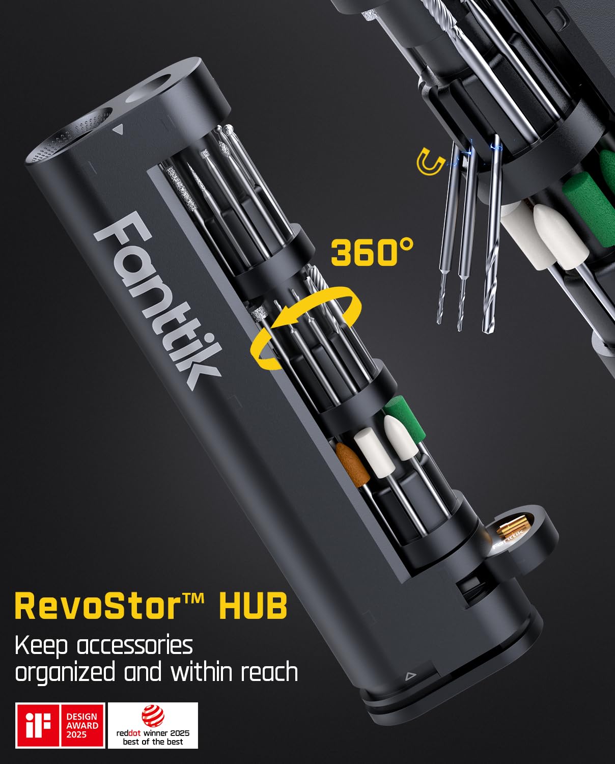 Fanttik F2 Master Mini Revostor Hub with 360-degree rotation keeps attachments within reach.
