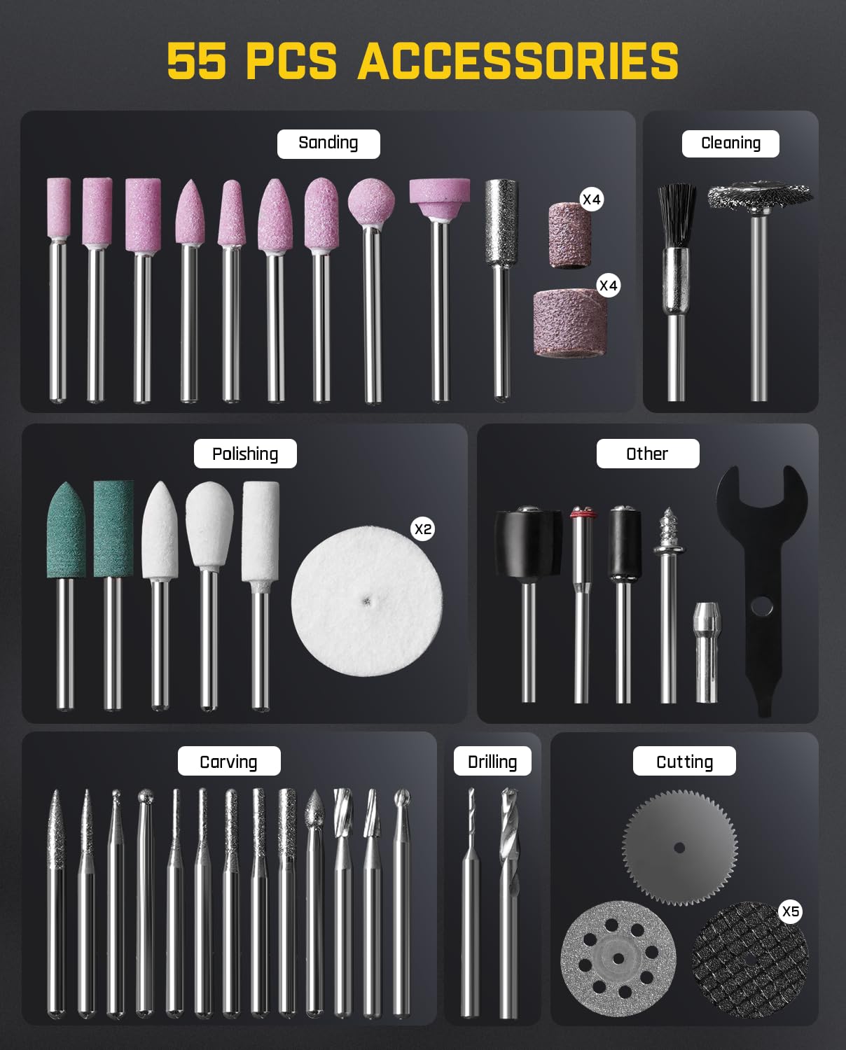 Fanttik F2 Pro 55 accessories cover sanding, polishing, engraving, and cutting tasks.