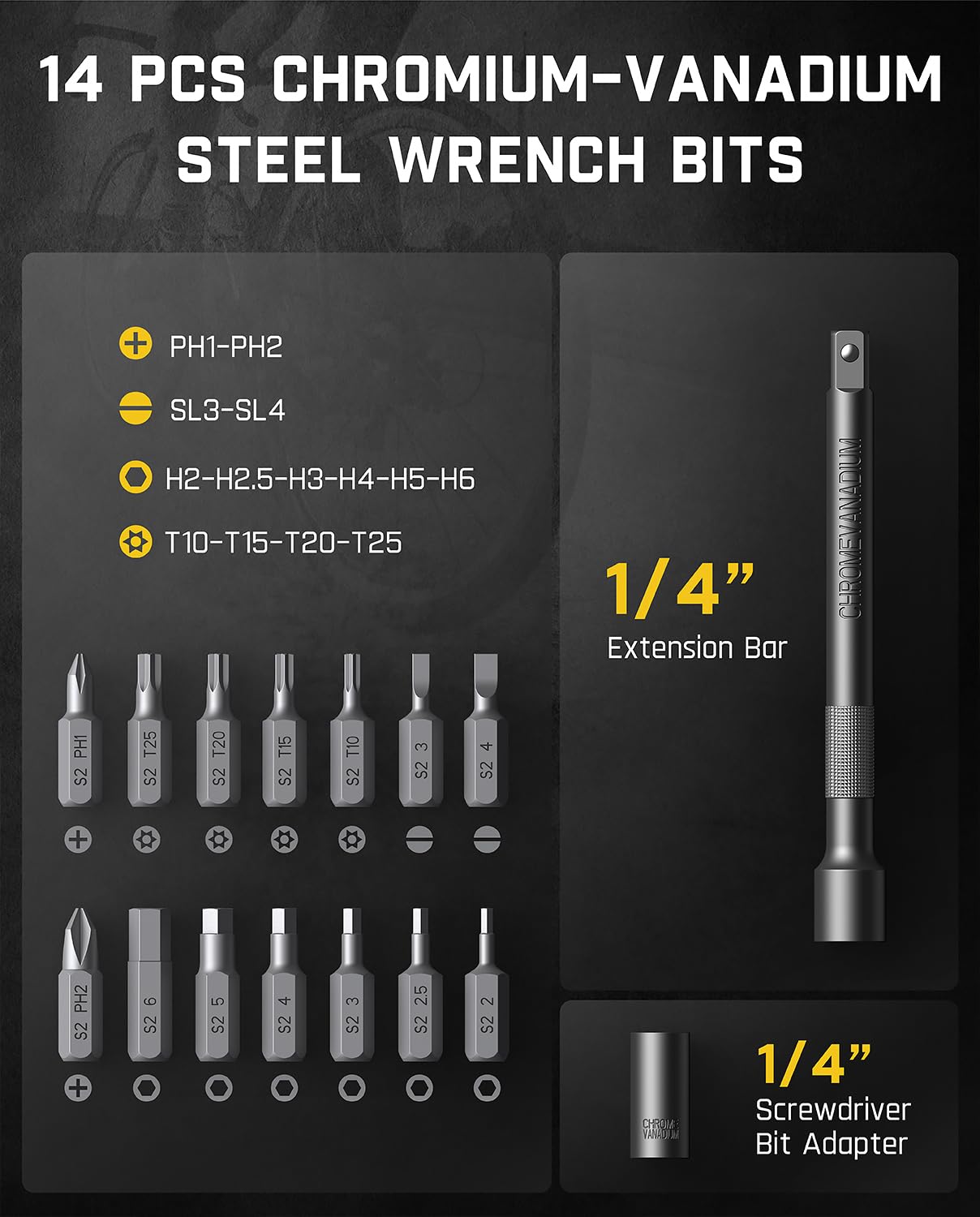 Fanttik WB10 Nova 14-bit set covers slotted, hex, Phillips, and Torx needs.