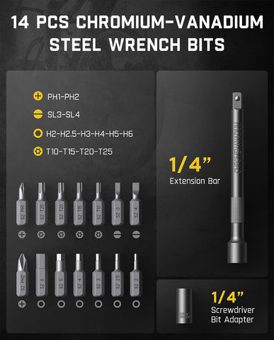 Fanttik WB10 Nova 14-bit set covers slotted, hex, Phillips, and Torx needs.