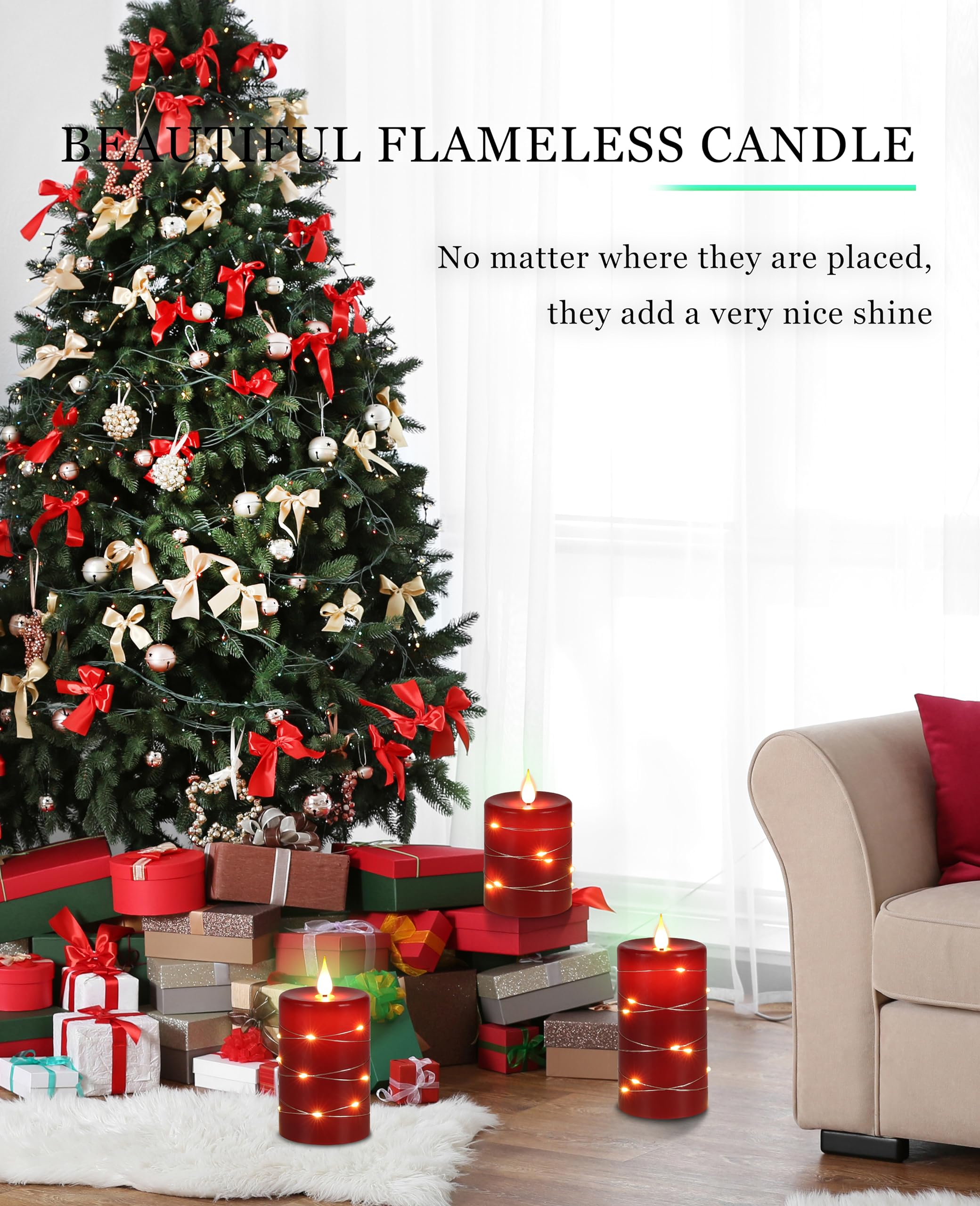 Fanzir red flameless candles enhance mantels with festive string lights