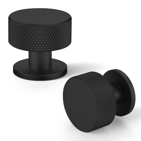 FAPUAL matte black cabinet knob close-up with round knurling for modern kitchens, durable finish.