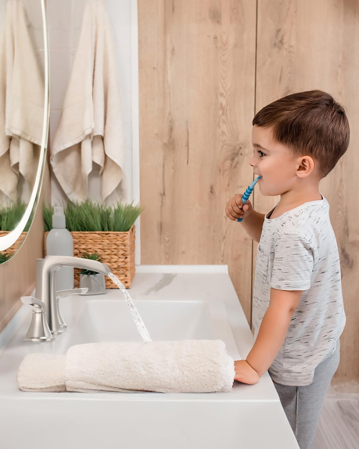 Fapully lifestyle shot showing contemporary farmhouse bathroom styling with the faucet