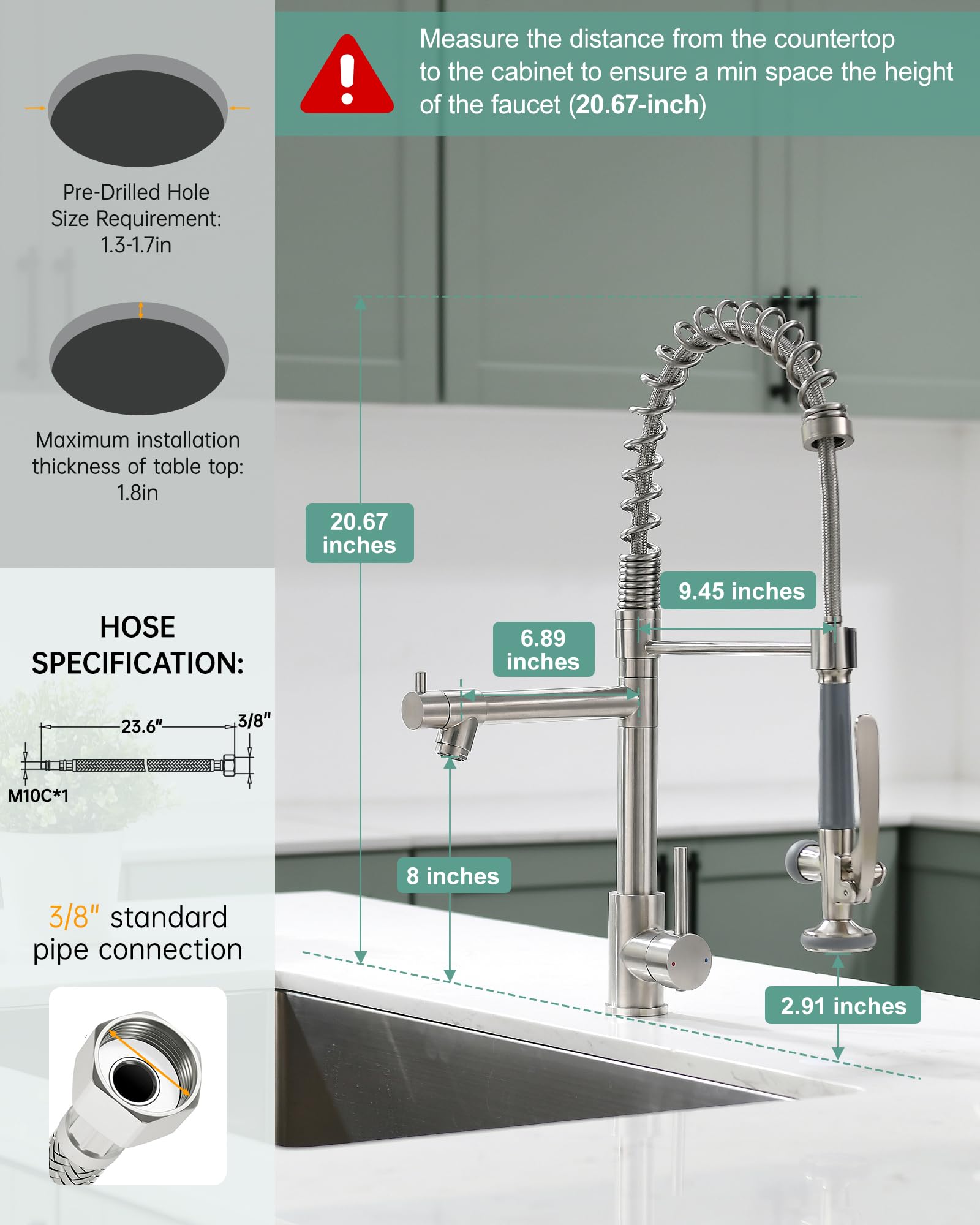 Fapully brushed nickel pull-down sprayer shown from an angle view for flexible reach.