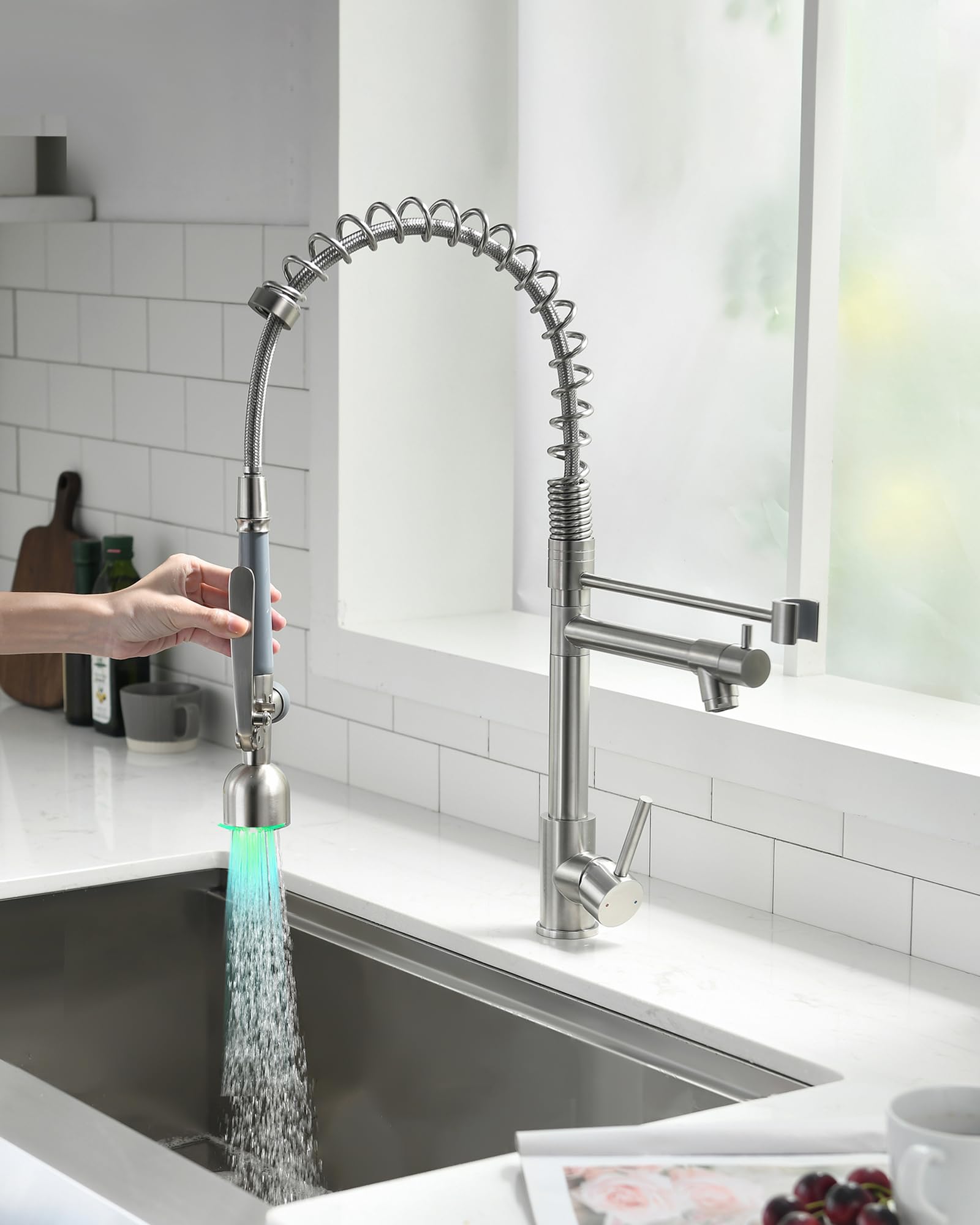 Fapully LED-lit kitchen faucet provides bright illumination for night prep.