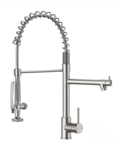 Fapully commercial pull-down faucet with brushed nickel finish, durable metal construction for busy kitchens.