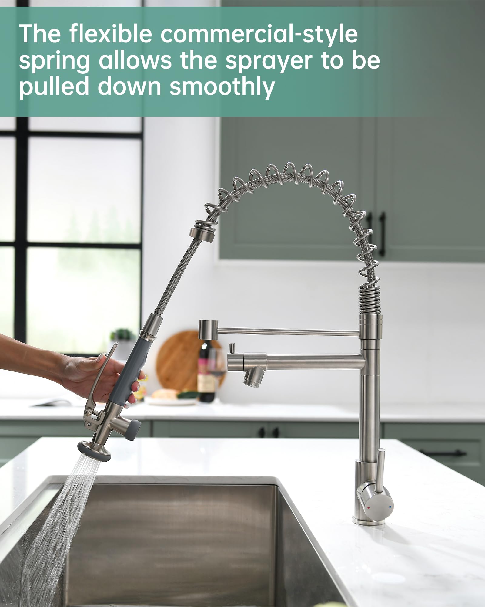Fapully pot-filler-spout detail illustrates convenient water access for large cookware.