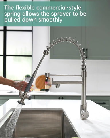 Fapully pot-filler-spout detail illustrates convenient water access for large cookware.