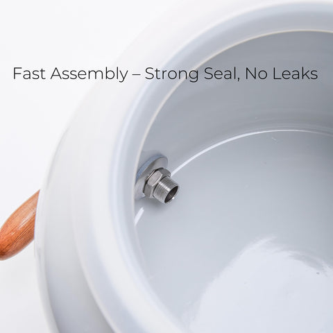 Lead-free ceramic lid complements the dispenser’s elegant look.