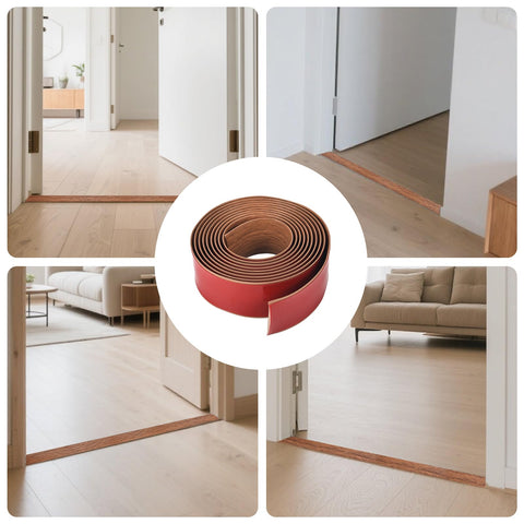 Farady 10ft brown wood grain divider strip spans doorways for a neat finish.