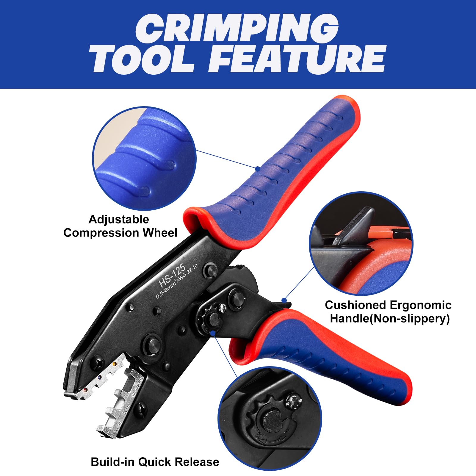 FarmNix crimp dies set showcases six interchangeable dies for different terminals.