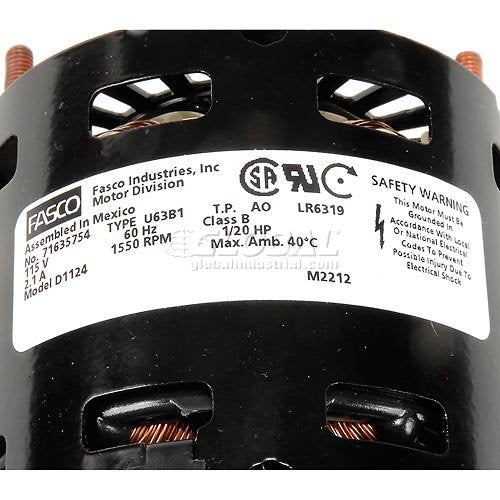 Fasco D1124 packaging image signaling ready-to-install motor.