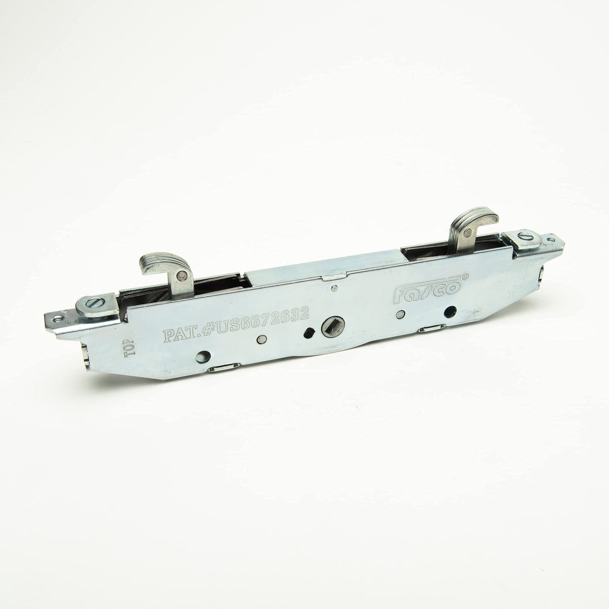 Fasco sliding door mortise lock front view with PAT.US6672632; ideal OEM replacement.