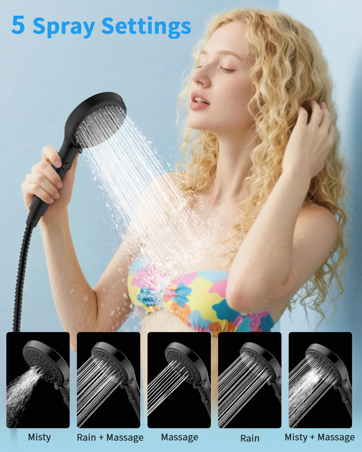 Five spray modes including mist and rain for personalized cleansing