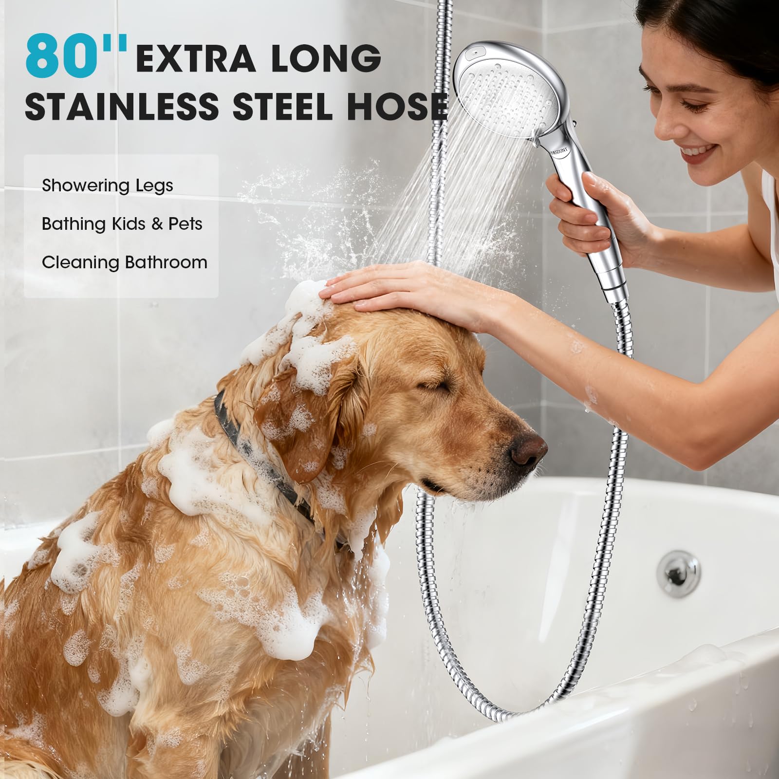 FASDUNT 8-spray-modes visual illustrating settings for rain, mist, and massage