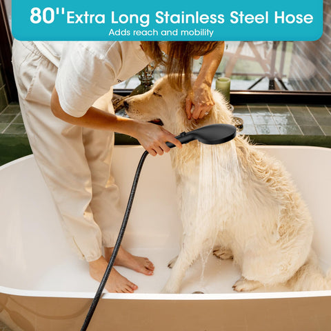 FASDUNT 80-inch stainless steel hose extends reach for easy bathing.