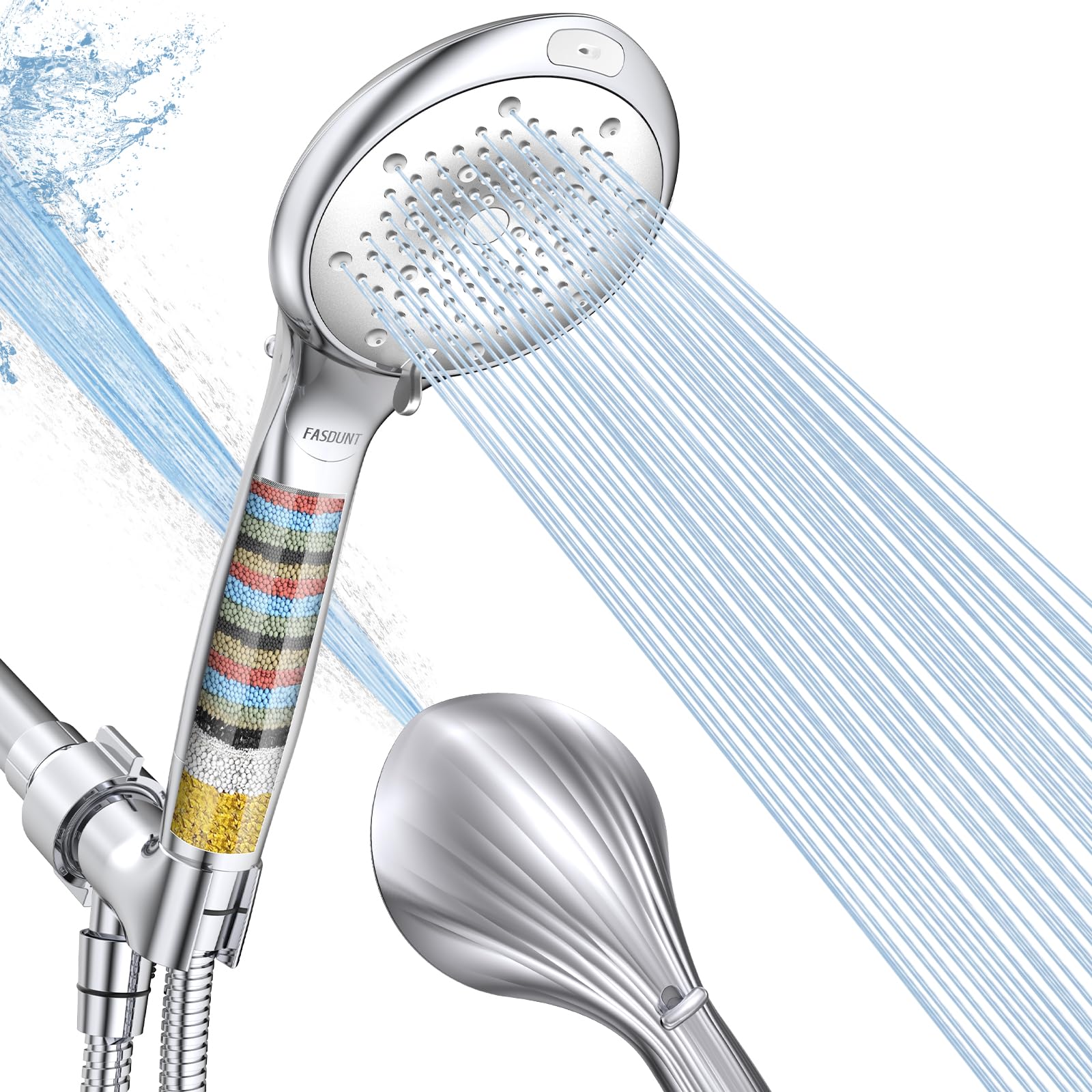 FASDUNT filtered shower head closeup showing built-in filter for cleaner water