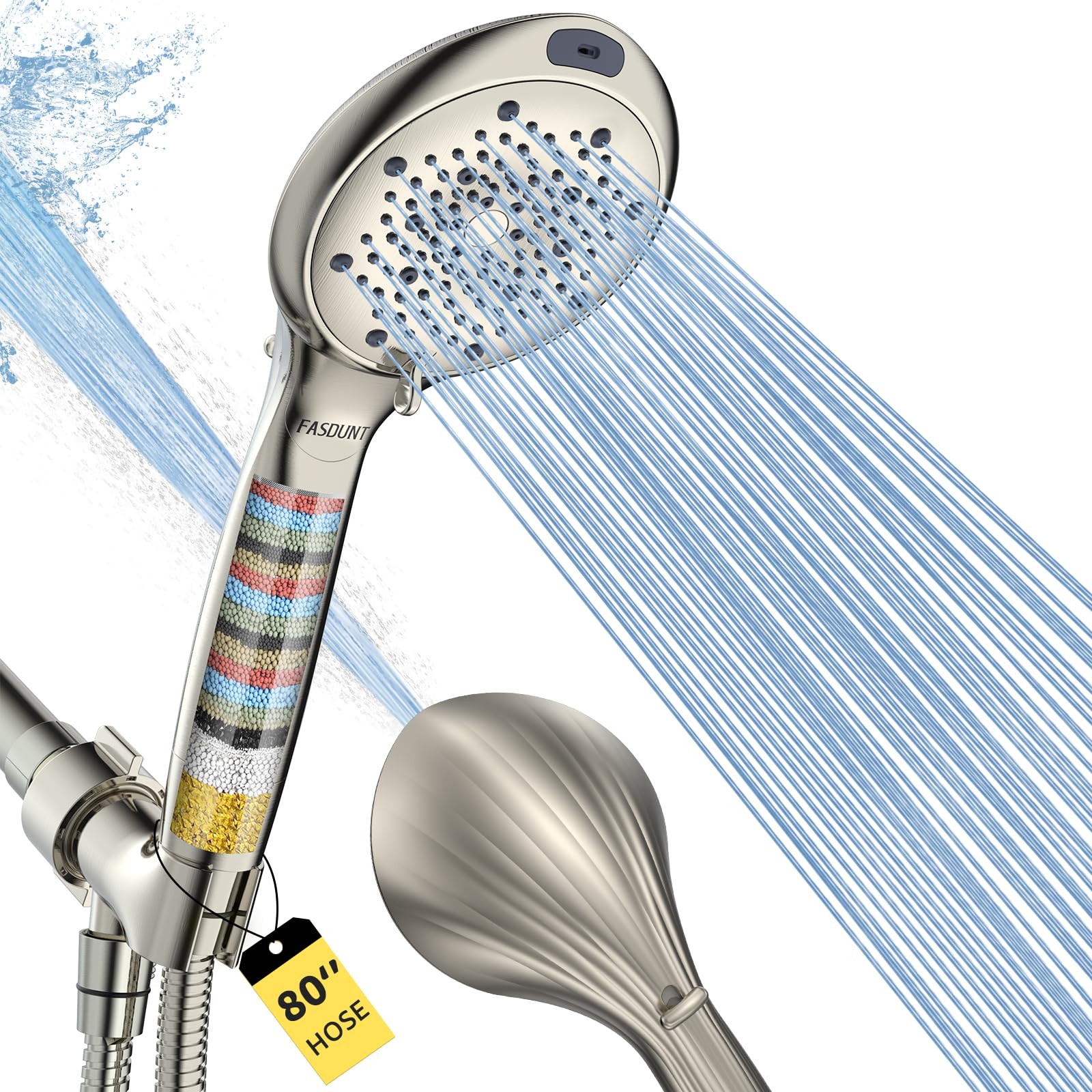 FASDUNT filtered shower head with handheld - front view showing built-in filter for cleaner water