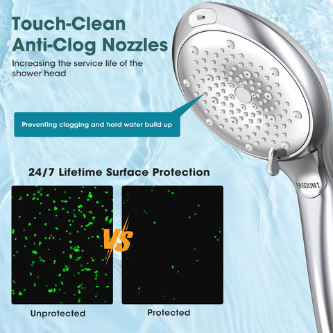 FASDUNT handheld showerhead 8-mode panel demonstrating versatile spray options