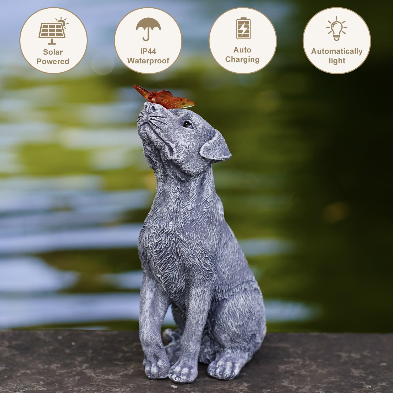 Fashionoda artisanal dog sculpture stands 24.3 cm tall with museum-like presence.