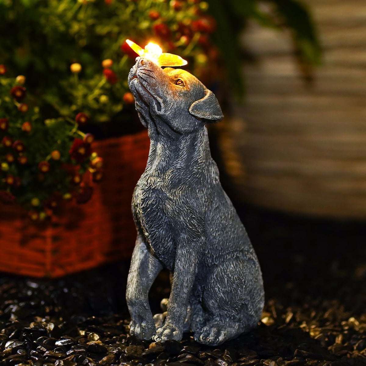 Fashionoda garden dog statue with butterfly adds welcoming charm to outdoor spaces.
