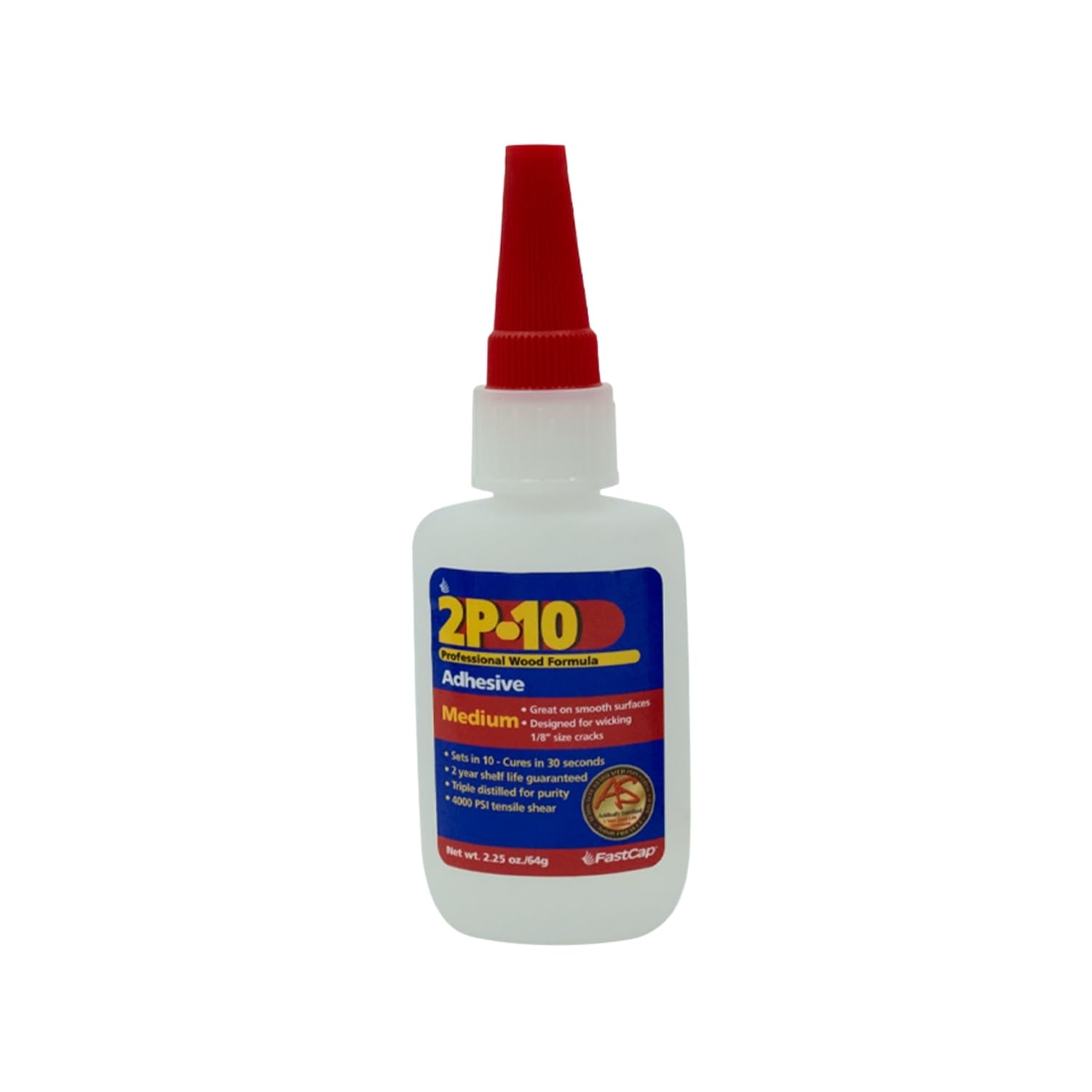 FastCap 2P-10 adhesive bottle with nozzle for precise wood bonding.