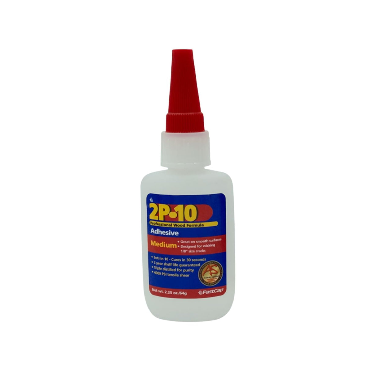 FastCap 2P-10 adhesive bottle with nozzle for precise wood bonding.