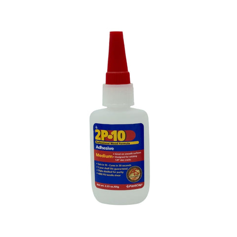 FastCap 2P-10 adhesive bottle with nozzle for precise wood bonding.