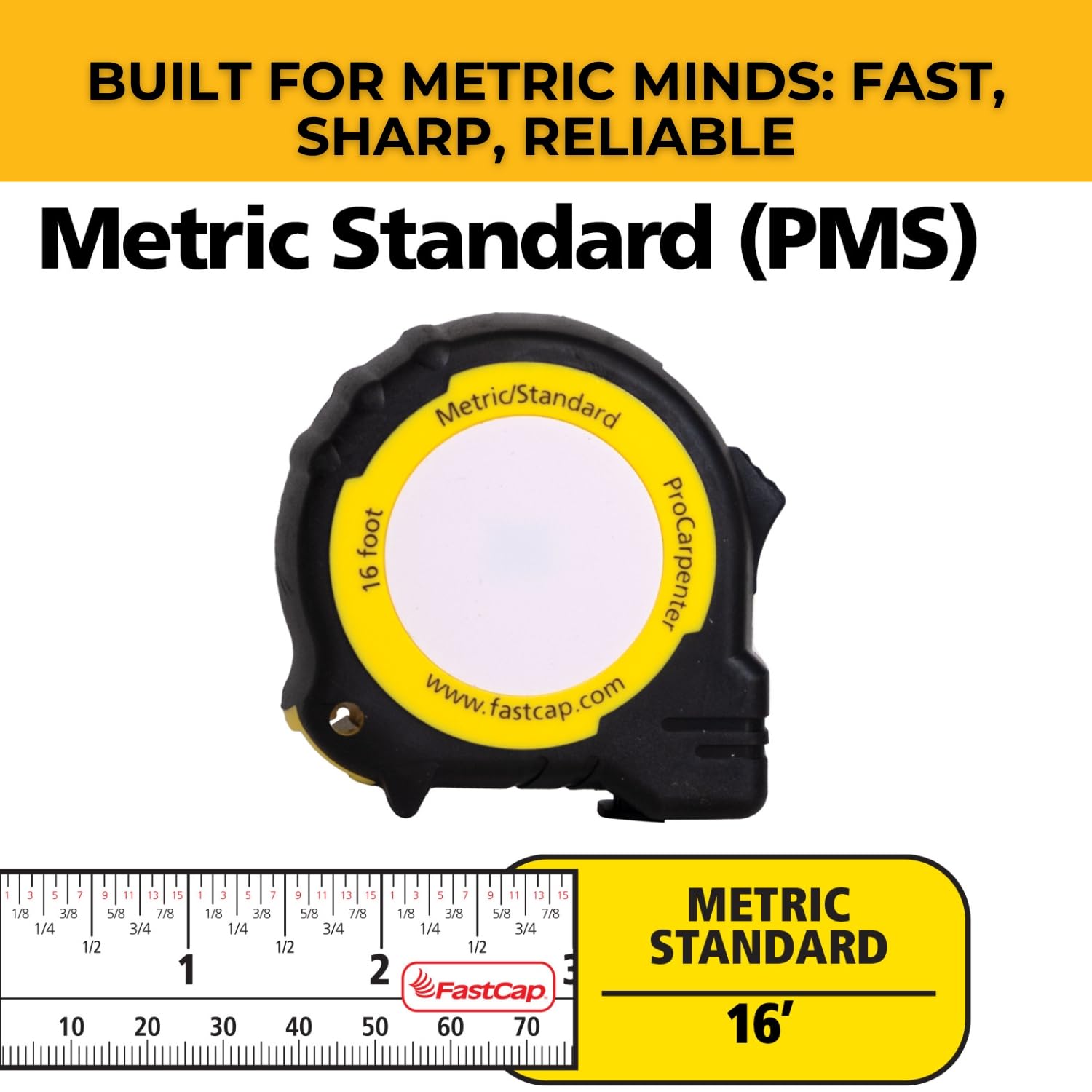 FastCap PMS-16 tape measure with lever-action belt clip for hands-free carrying on site.