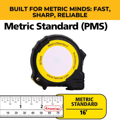 FastCap PMS-16 tape measure with lever-action belt clip for hands-free carrying on site.