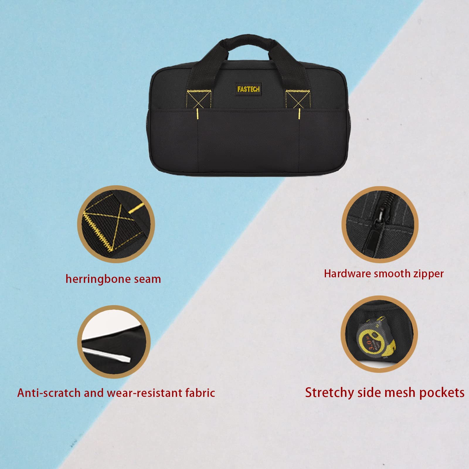 FASTECH 14-inch tool bag side pockets showing organized external pockets.