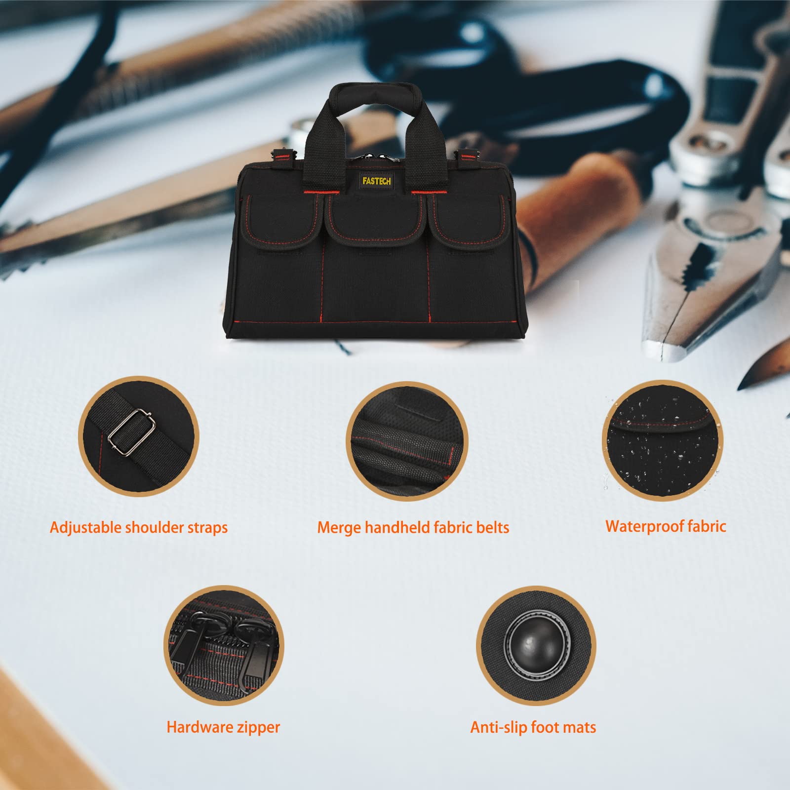 FASTech tote bag interior pockets keep tools organized for electricians