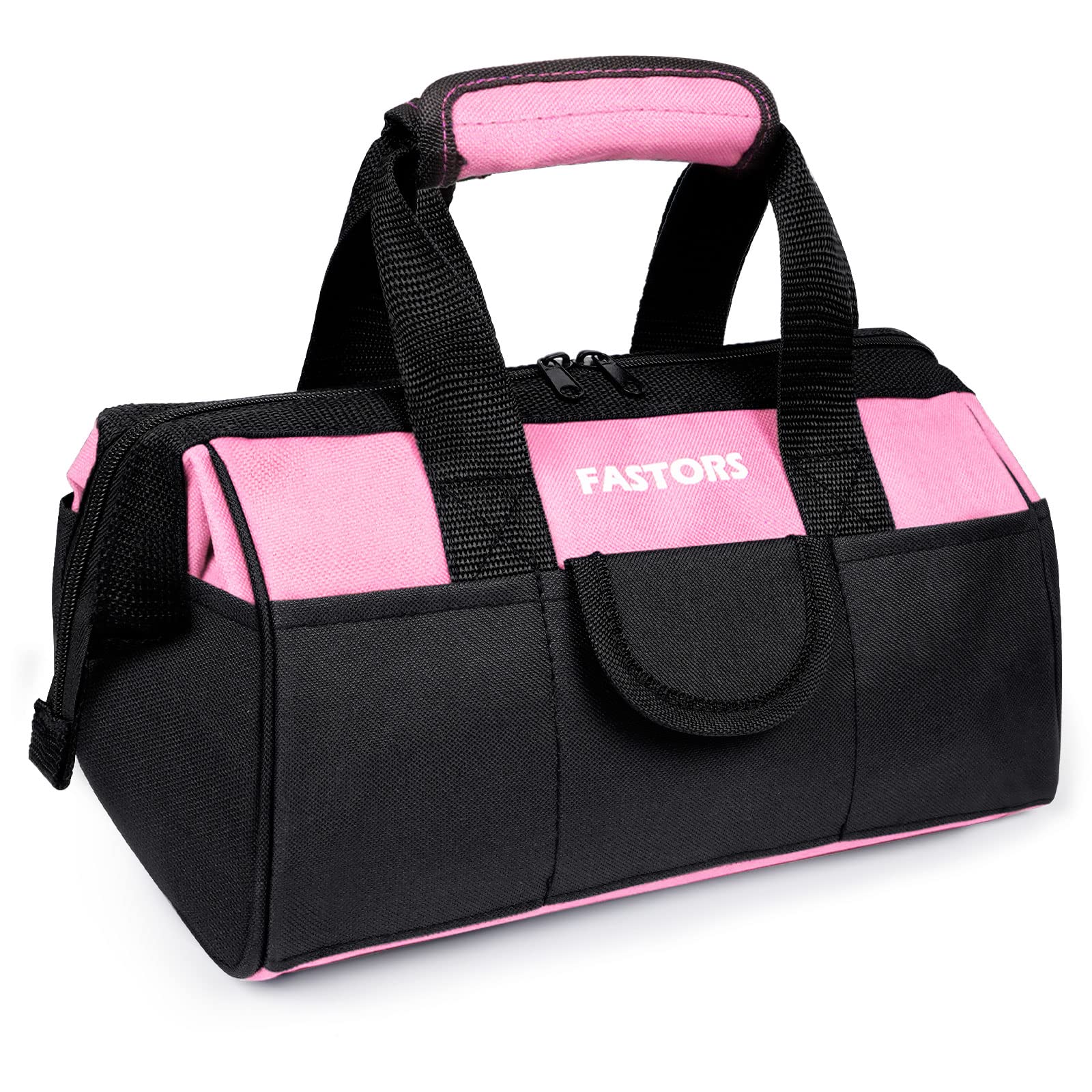 FASTORS pink tool bag front view with wide mouth for quick access.