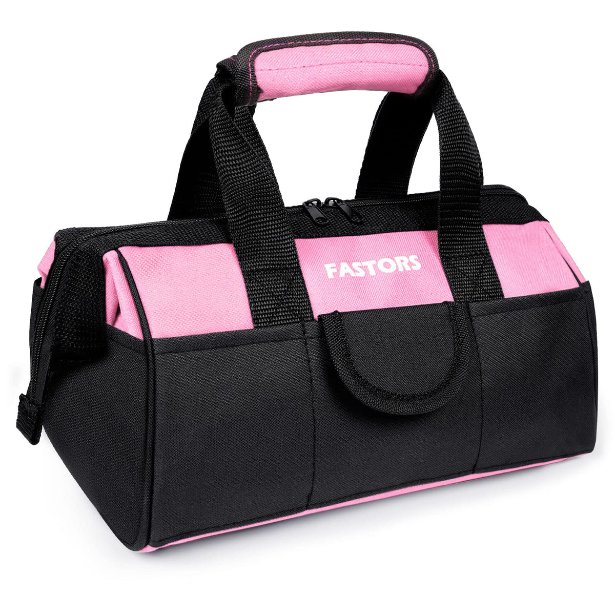 FASTORS pink tool bag front view with wide mouth for quick access.