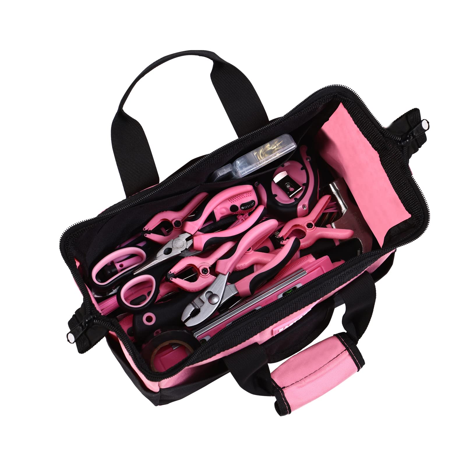 FASTORS pink tool bag sturdy handles make carrying easy.