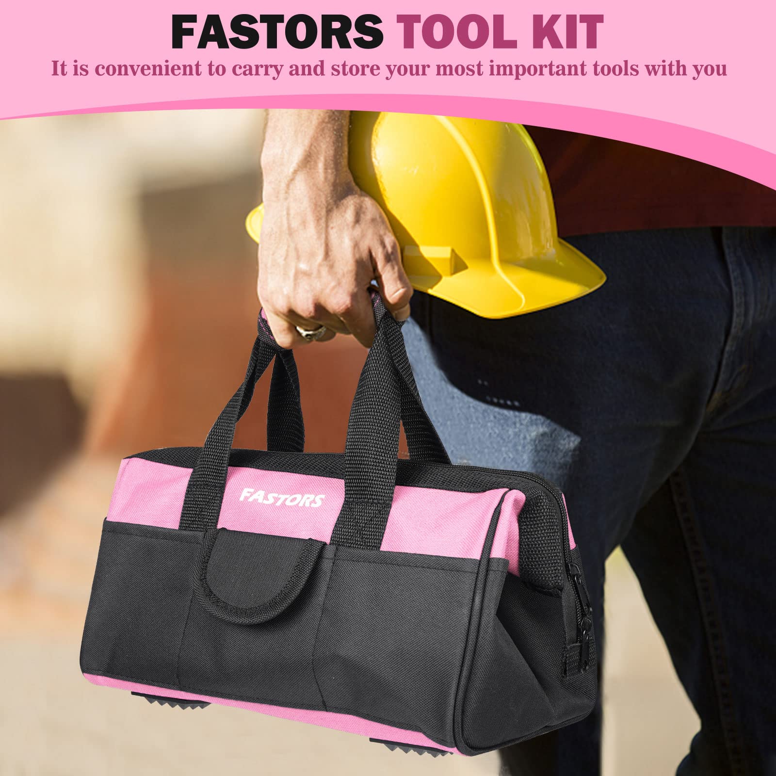 FASTORS pink tool bag open top design for fast organization.