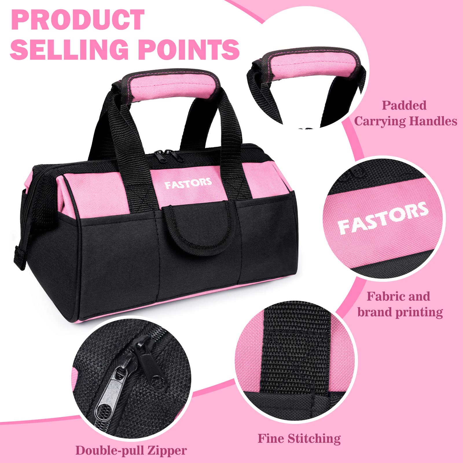 FASTORS pink tool bag outside pockets keeping tools organized.