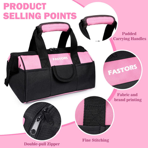 FASTORS pink tool bag outside pockets keeping tools organized.