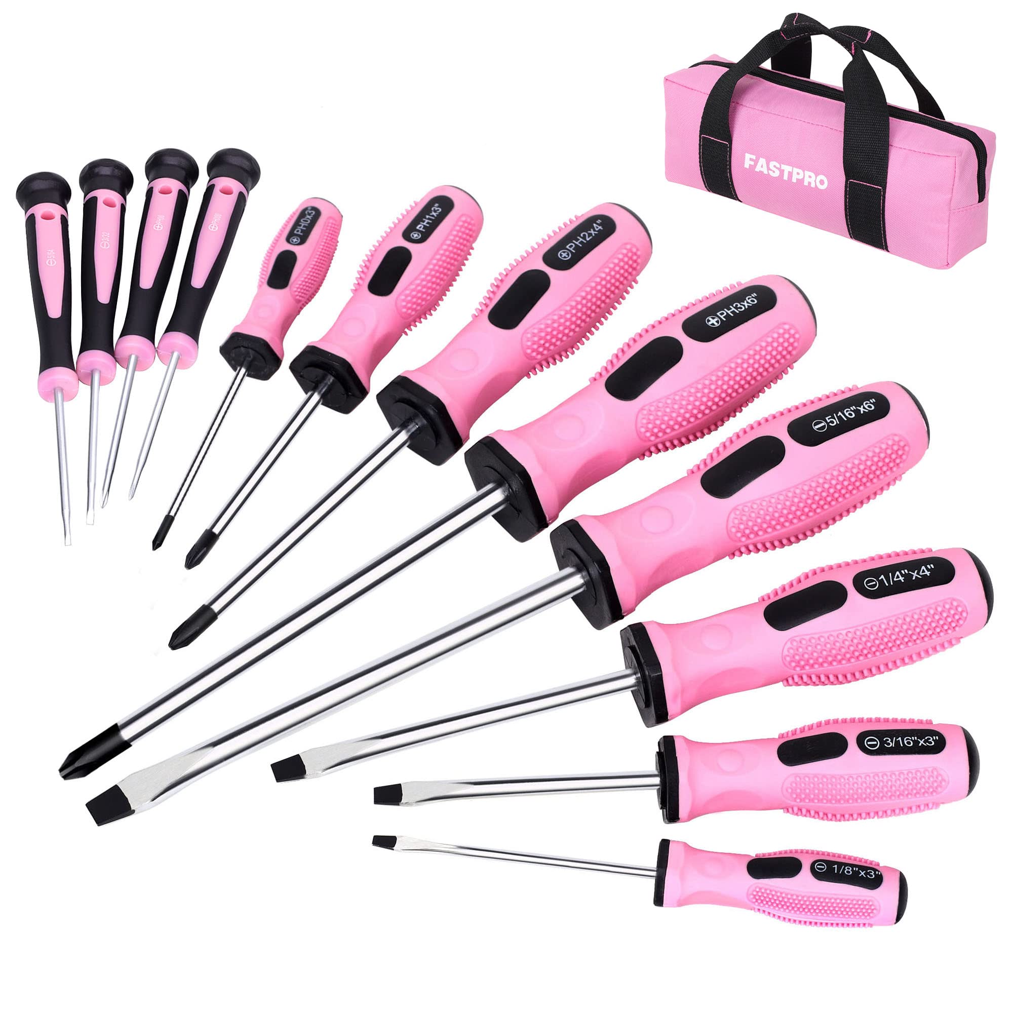 FASTPRO 12-piece pink screwdriver set packaging with storage bag visible for organized tools