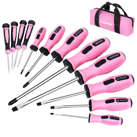 FASTPRO 12-piece pink screwdriver set packaging with storage bag visible for organized tools