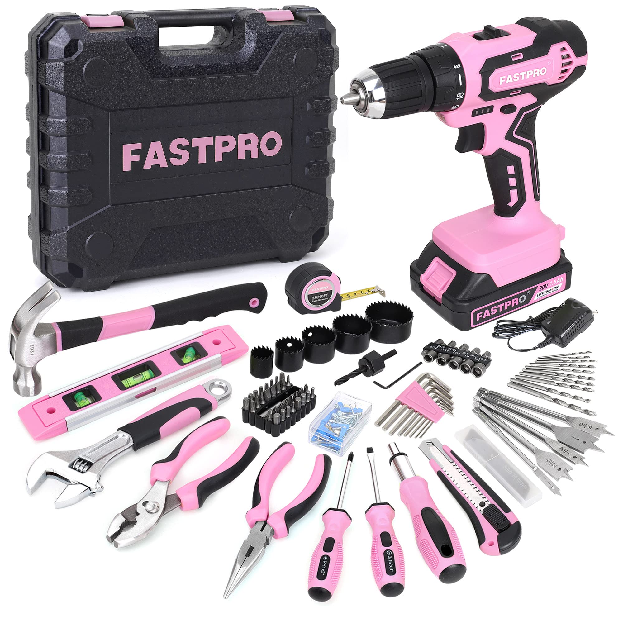 FASTPRO 177-piece pink cordless drill set for versatile home projects and DIY.