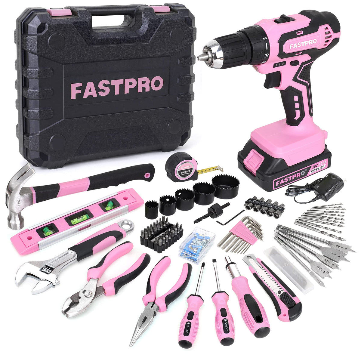 FASTPRO 177-piece pink cordless drill set for versatile home projects and DIY.