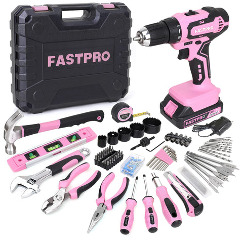 FASTPRO 177-piece pink cordless drill set for versatile home projects and DIY.